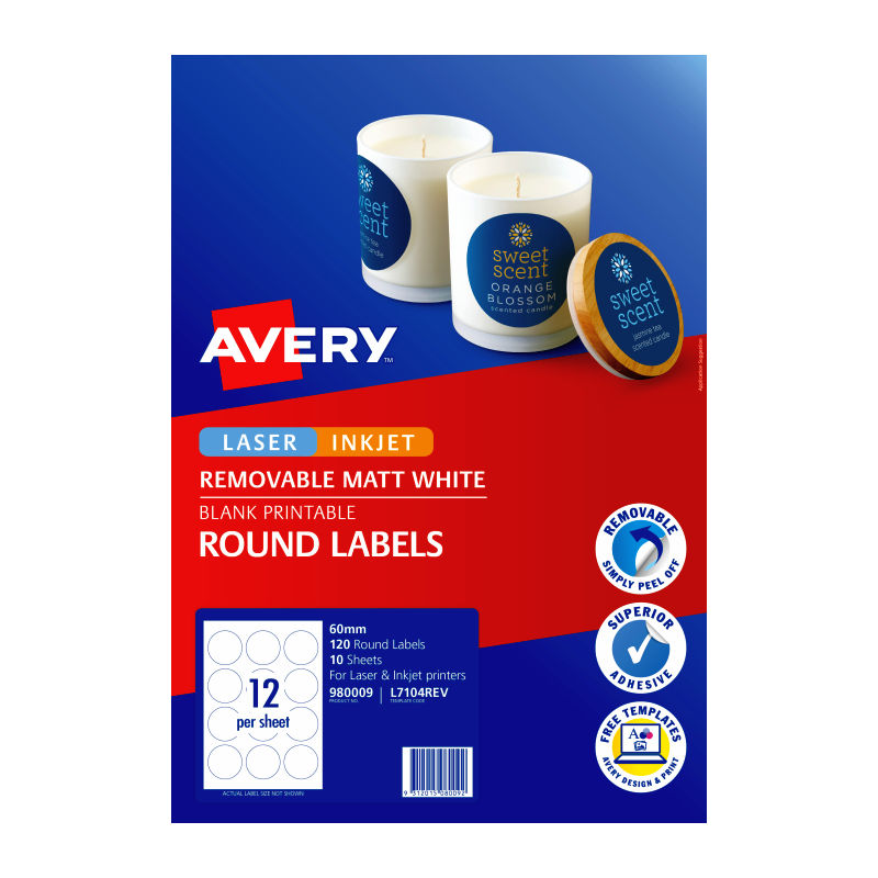 Avery Removable Matt Round Labels L7104 60mm 12-Up Pack 10 Avery