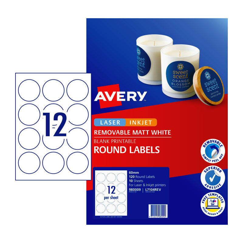 Avery Removable Matt Round Labels L7104 60mm 12-Up Pack 10 Avery
