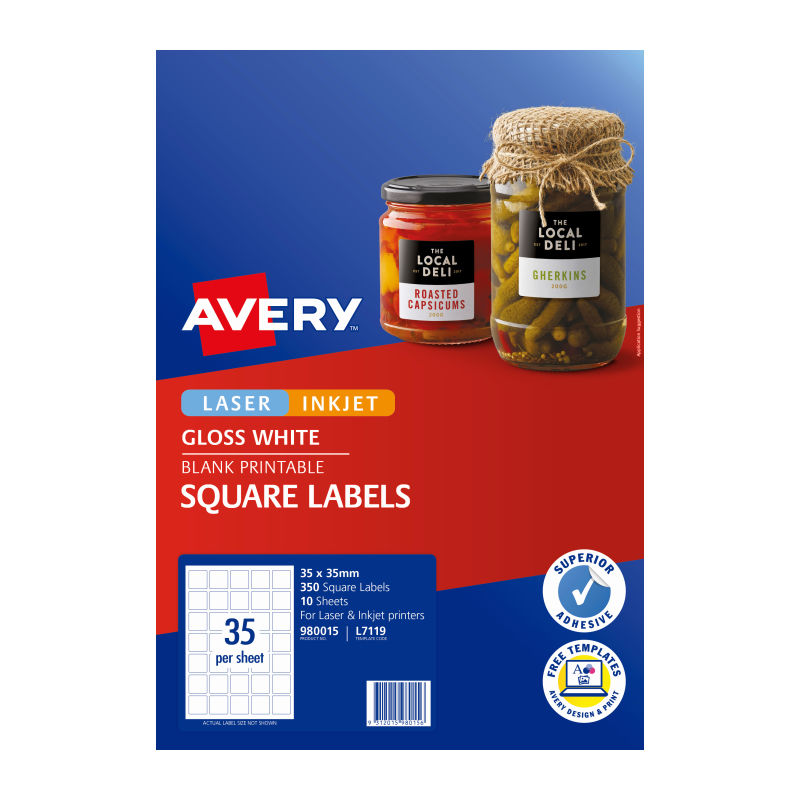 Avery L7119 Square Gloss White Labels 35x35mm - Pk350 Avery