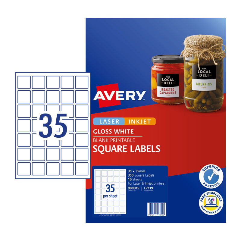 Avery L7119 Square Gloss White Labels 35x35mm - Pk350 Avery