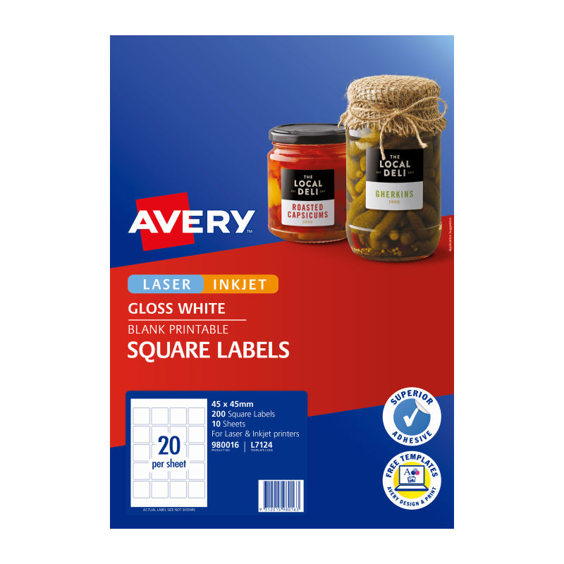 Avery L7124 Gloss Square Permanent Labels - 45x45mm, 10 Sheets Avery