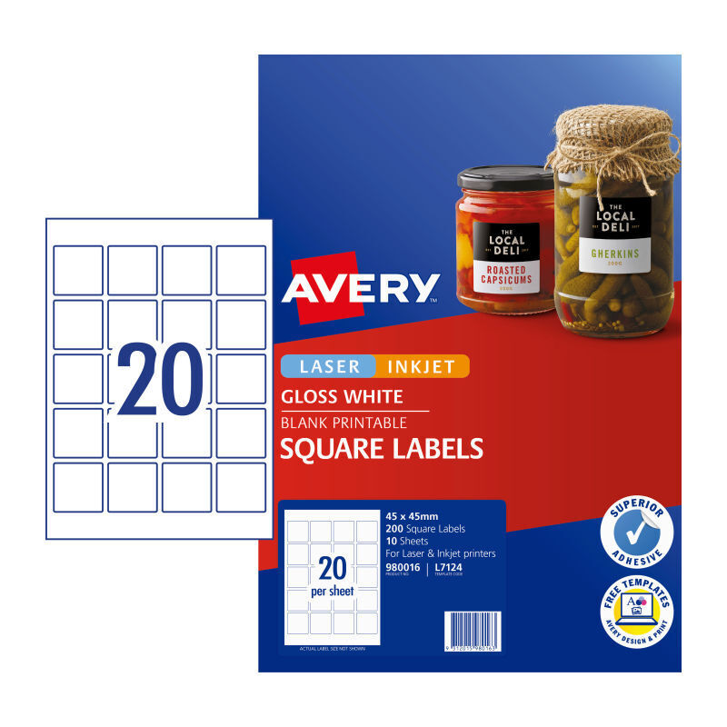 Avery L7124 Gloss Square Permanent Labels - 45x45mm, 10 Sheets Avery
