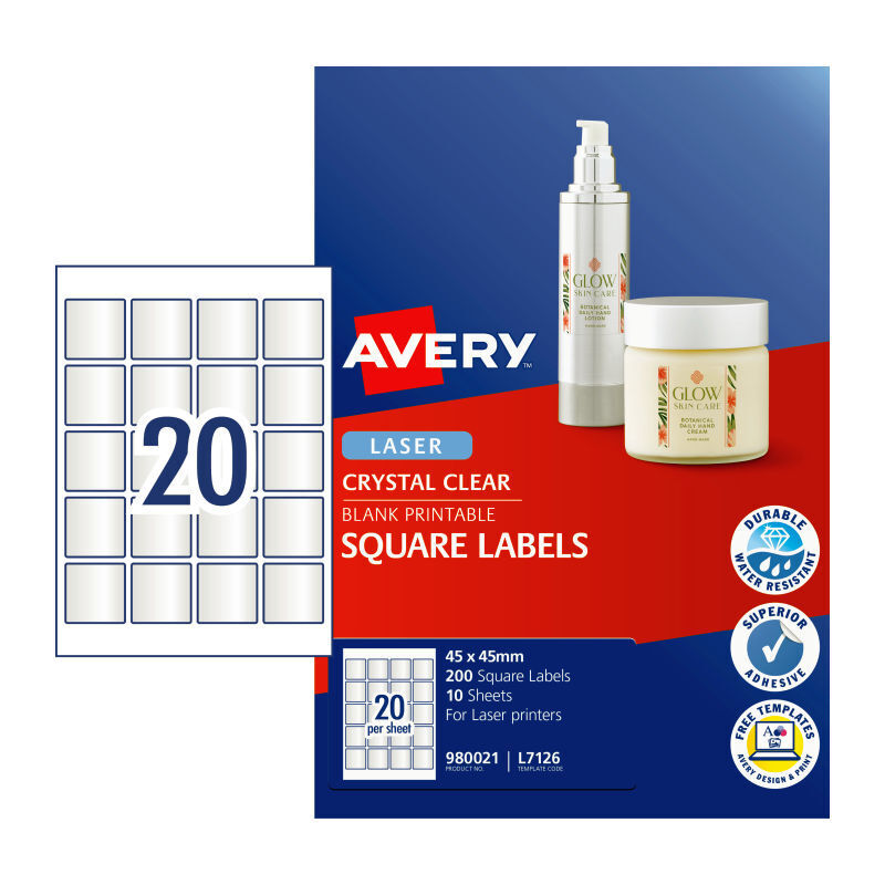 Avery Clear Laser Labels L7126 - 45x45mm Transparent & Durable Avery