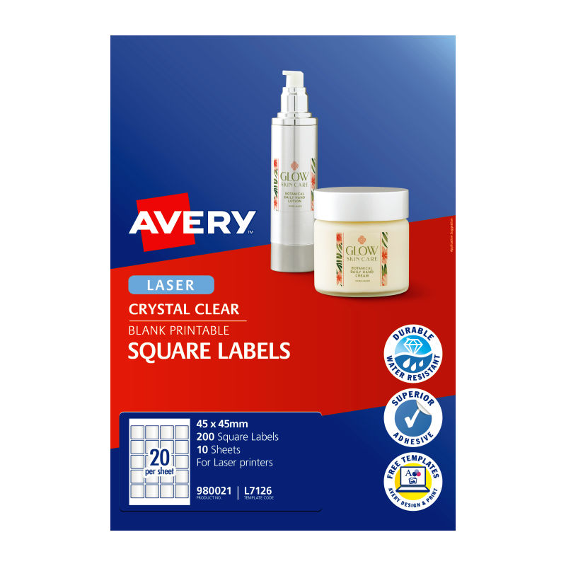 Avery Clear Laser Labels L7126 - 45x45mm Transparent & Durable Avery