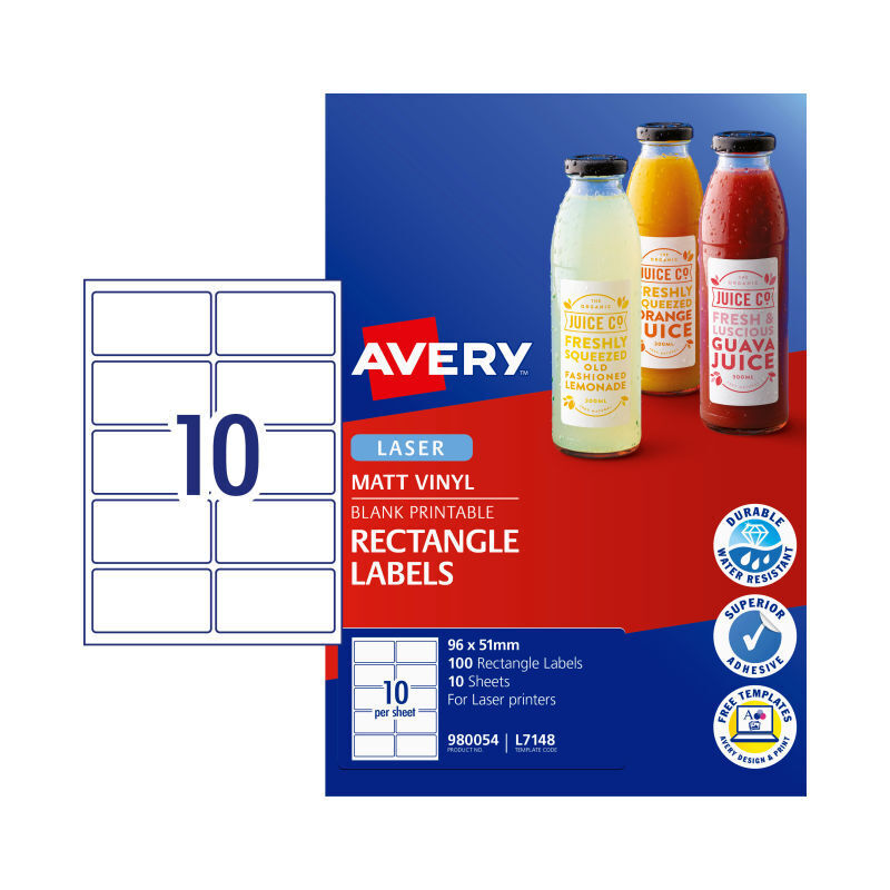 Avery L7148 Laser Labels 96x51mm - Waterproof & Oil Resistant Avery