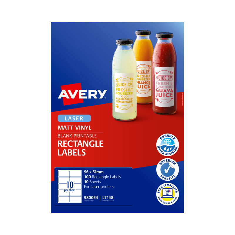 Avery L7148 Laser Labels 96x51mm - Waterproof & Oil Resistant Avery