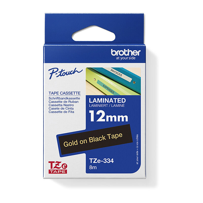 Brother TZE-334 P-touch Label Tape - 12mm Gold on Black 
