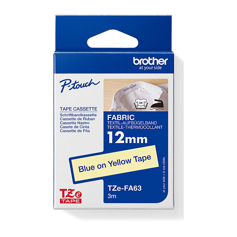 Brother TZE-FA63 12mm Blue on Yellow Iron-On Fabric Label Tape 