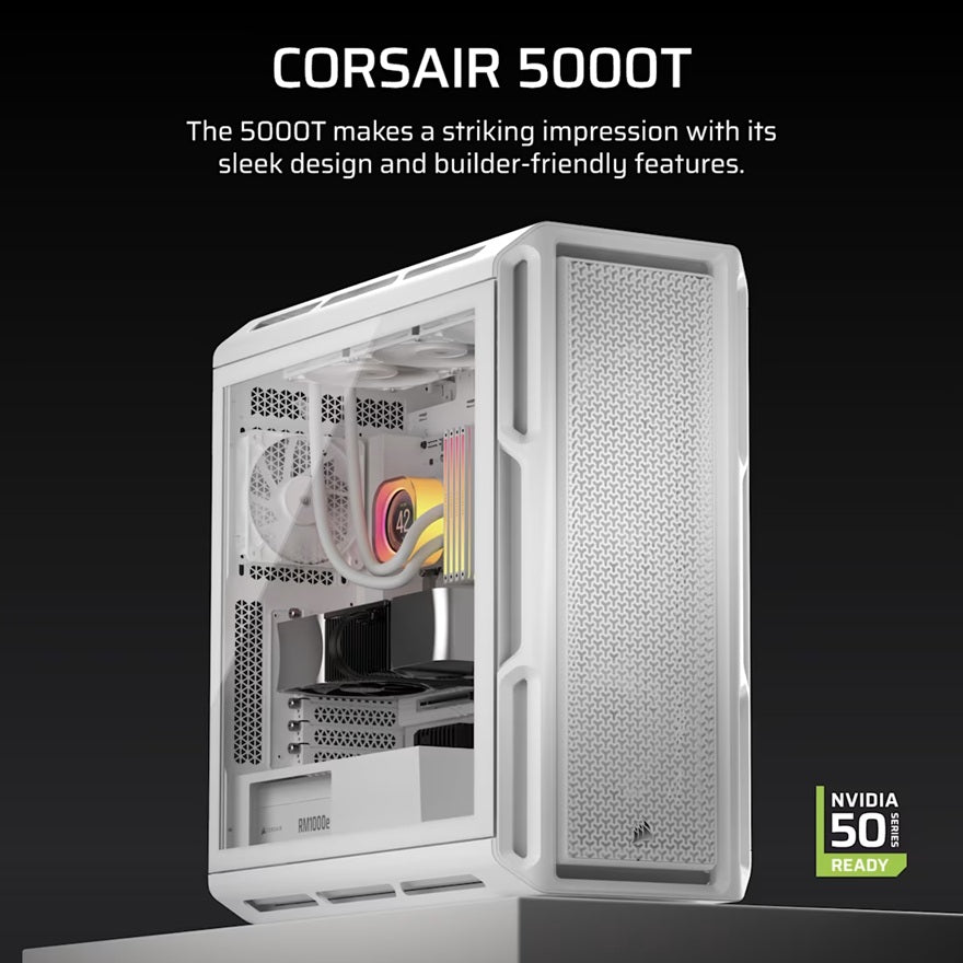 Corsair 5000T White Mid-Tower ATX PC Case - High Airflow & Custom Build Ready