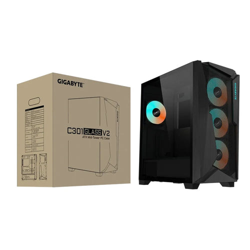 (LS) Gigabyte C301V2 RGB Tempered Glass E-ATX Black Mid Tower Gaming Chassis 2x3.5' 2x2.5' 2xUSB3.0 - GB-C301G V2