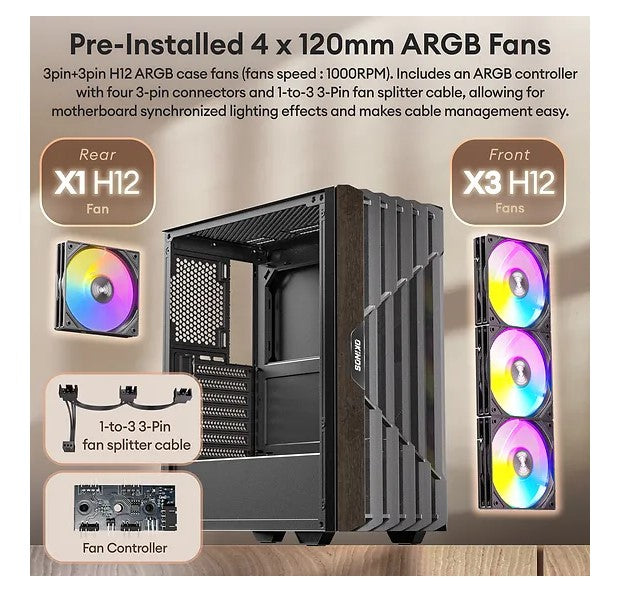 OKINOS Cypress 5 Oak Wood ATX PC Case | 4 ARGB Fans, Great Airflow