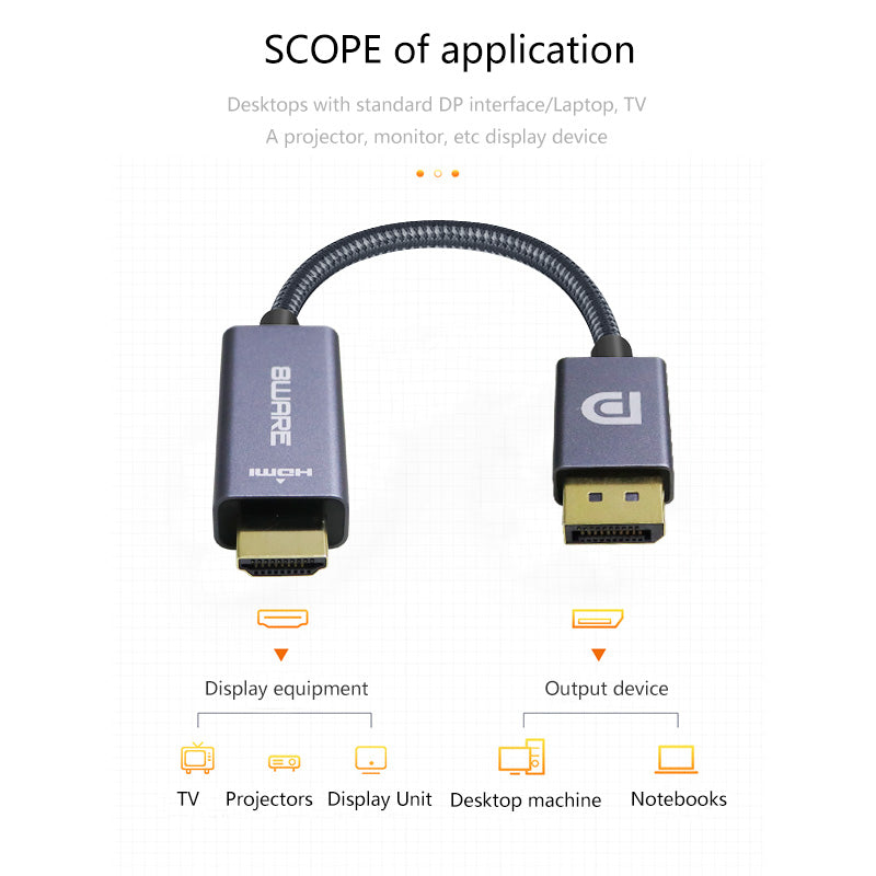 8ware 4K DisplayPort to HDMI Cable 1M - Connect PC to TV