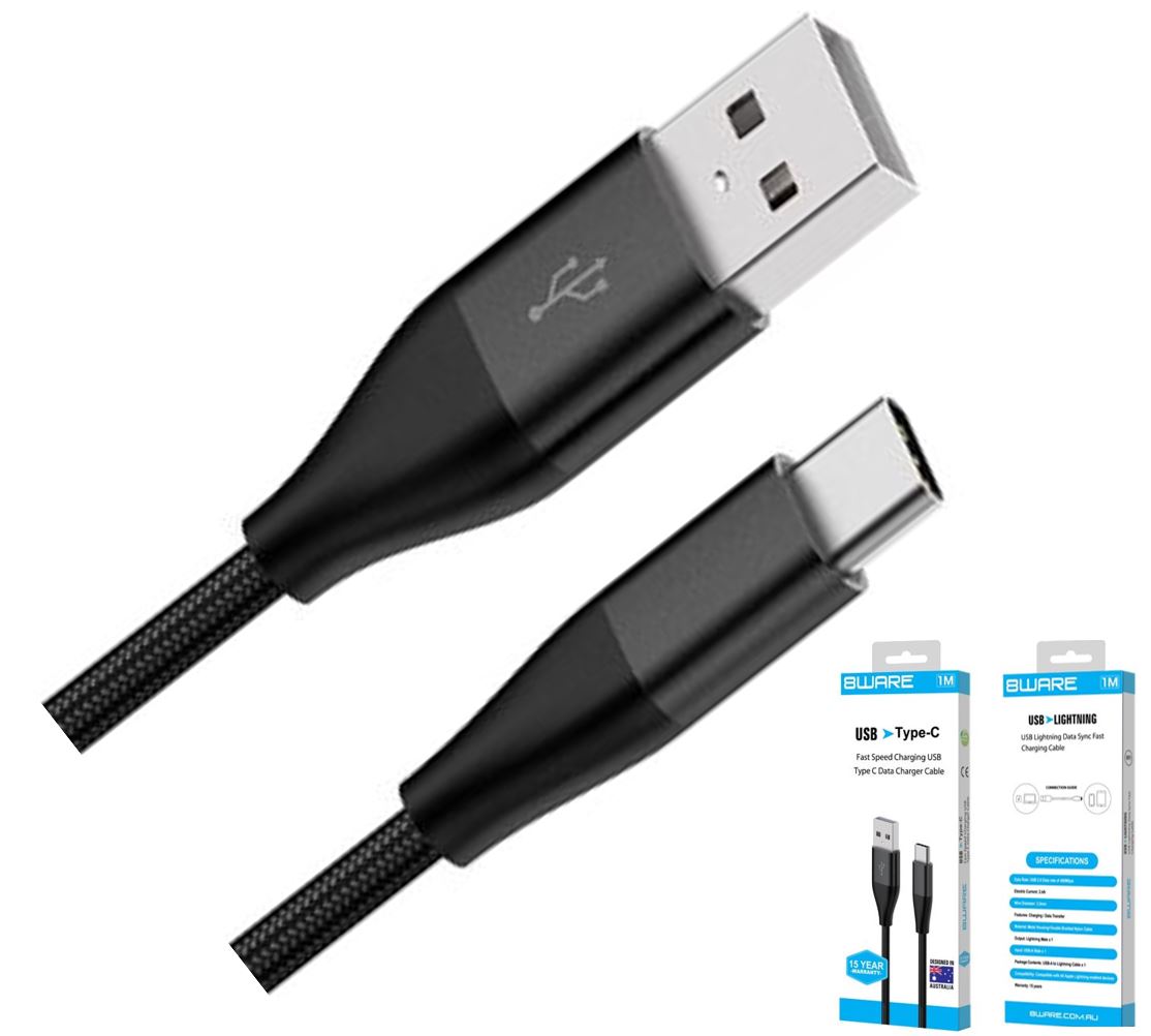 8Ware Premium 1m Samsung Certified Fast Speed Charging USB-C to USB-A Data Charger Cable For - 8ware 8W-SAMR1