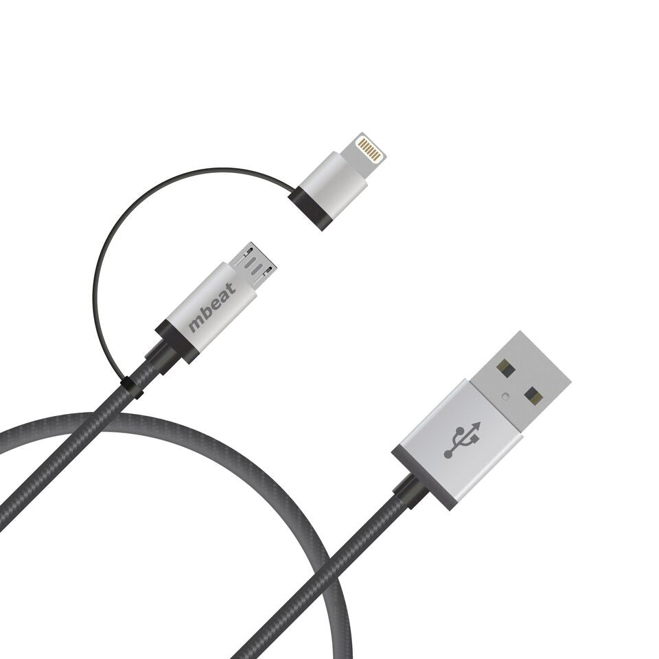 mbeat 2-in-1 Lightning & Micro USB Cable | 1m Braided, Durable, Silver MBEAT