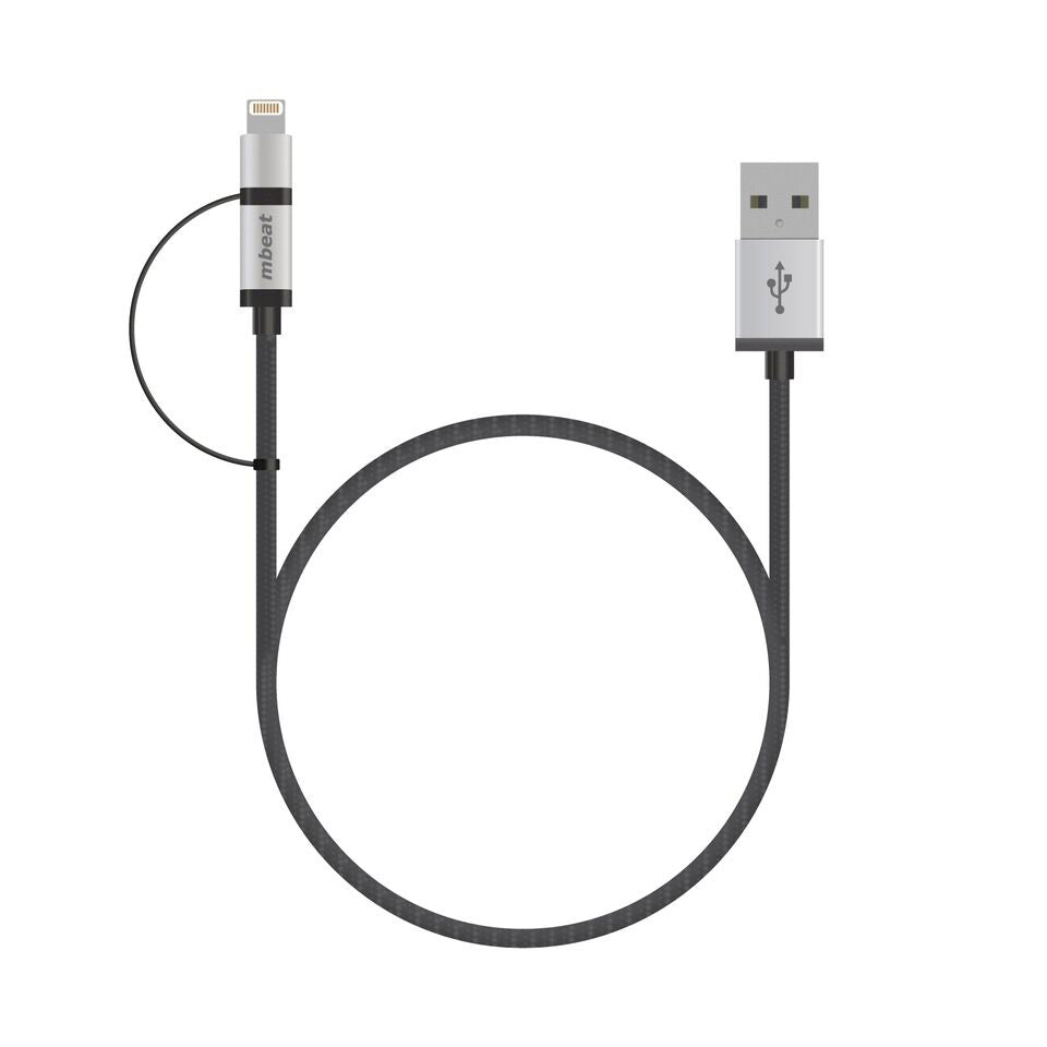 mbeat 2-in-1 Lightning & Micro USB Cable | 1m Braided, Durable, Silver MBEAT