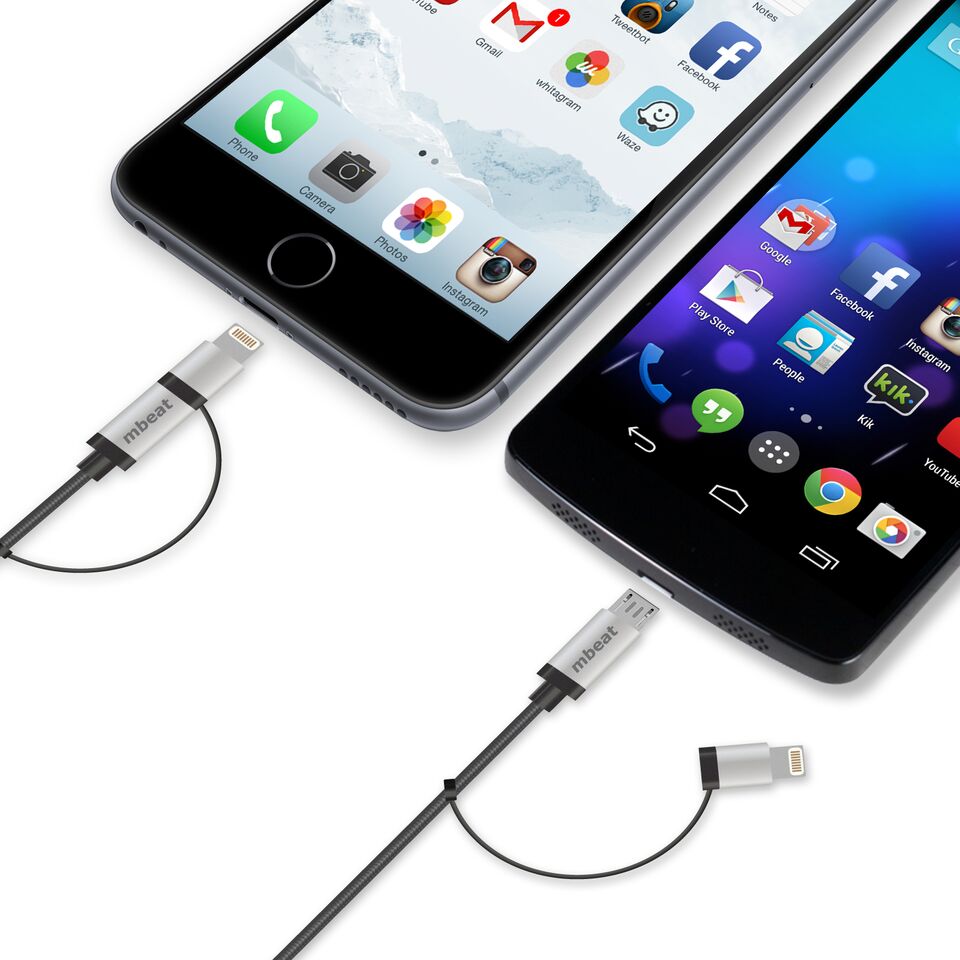 mbeat 2-in-1 Lightning & Micro USB Cable | 1m Braided, Durable, Silver MBEAT