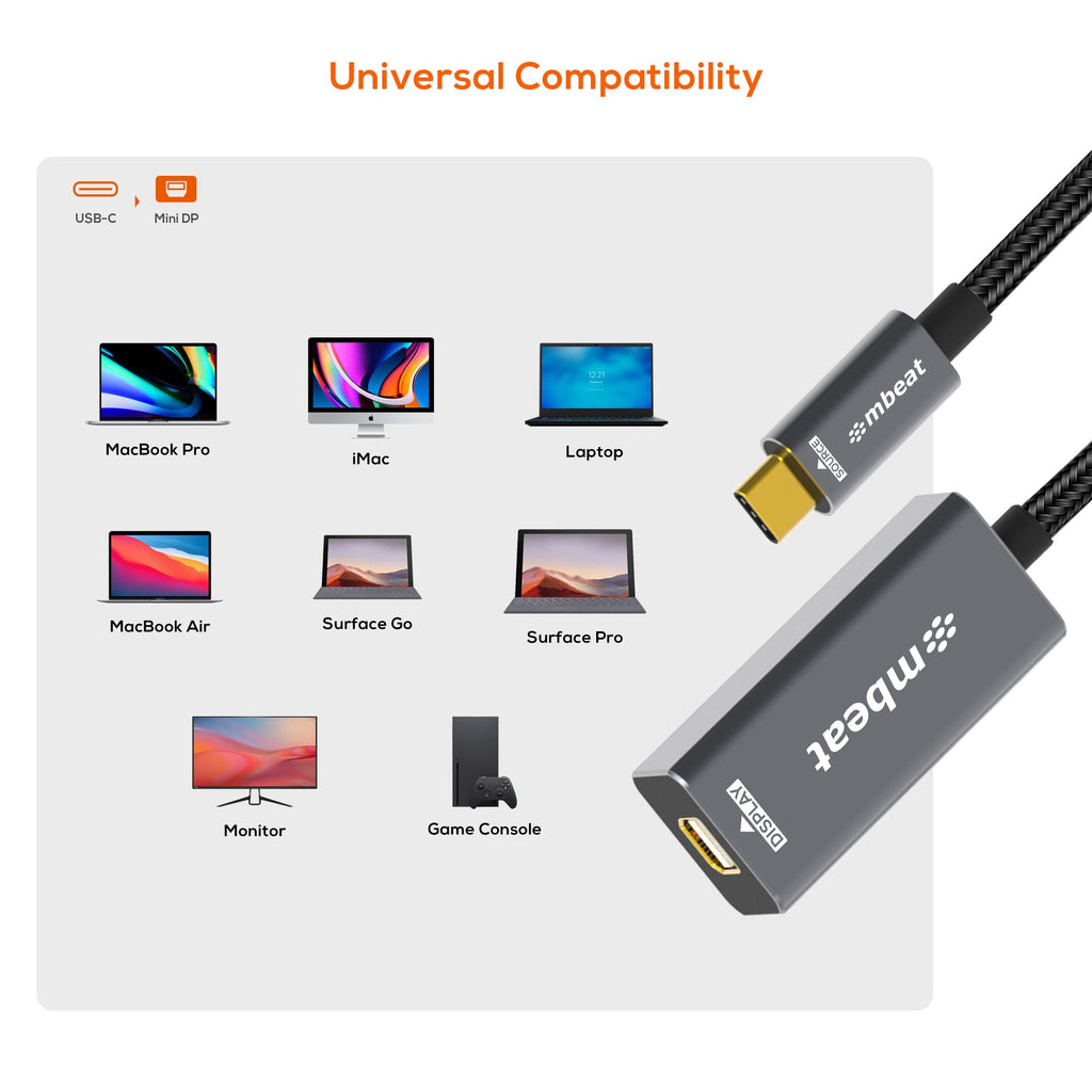 mbeat Tough Link USB-C to Mini DisplayPort Adapter - 4K 60Hz Video 
