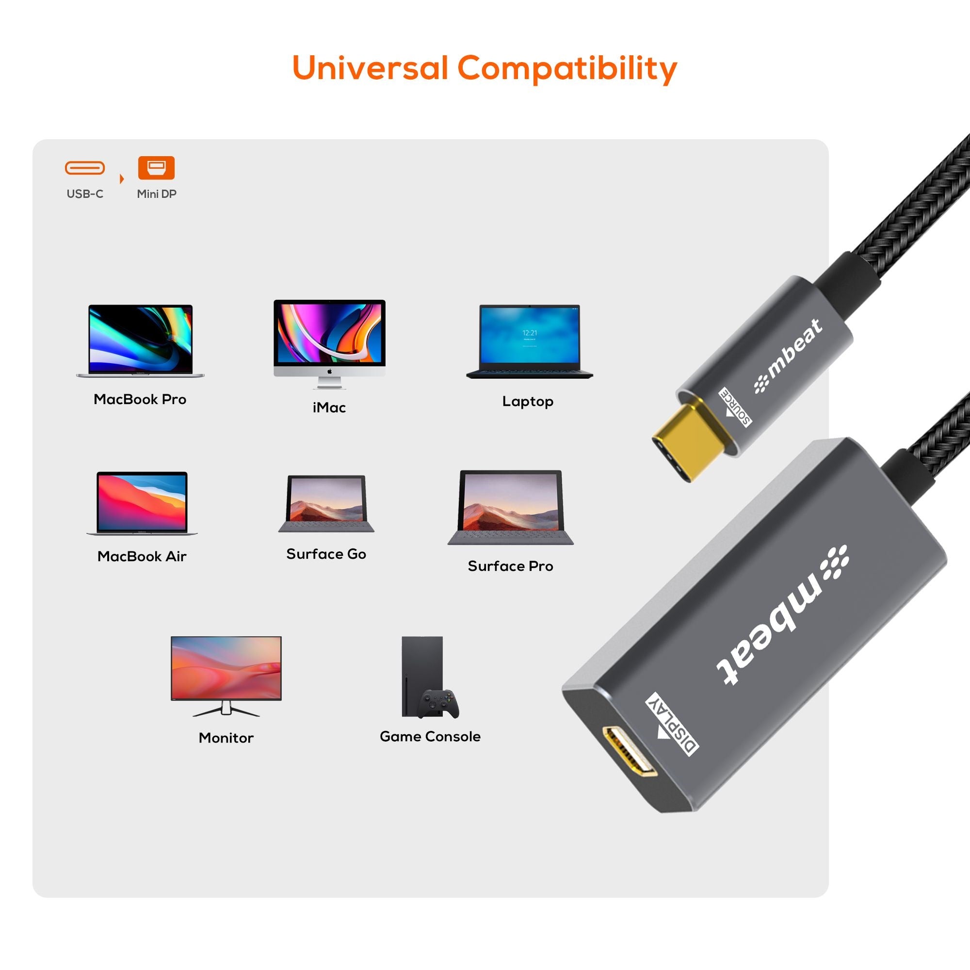 mbeat Tough Link USB-C to Mini DisplayPort Adapter - 4K 60Hz Video 