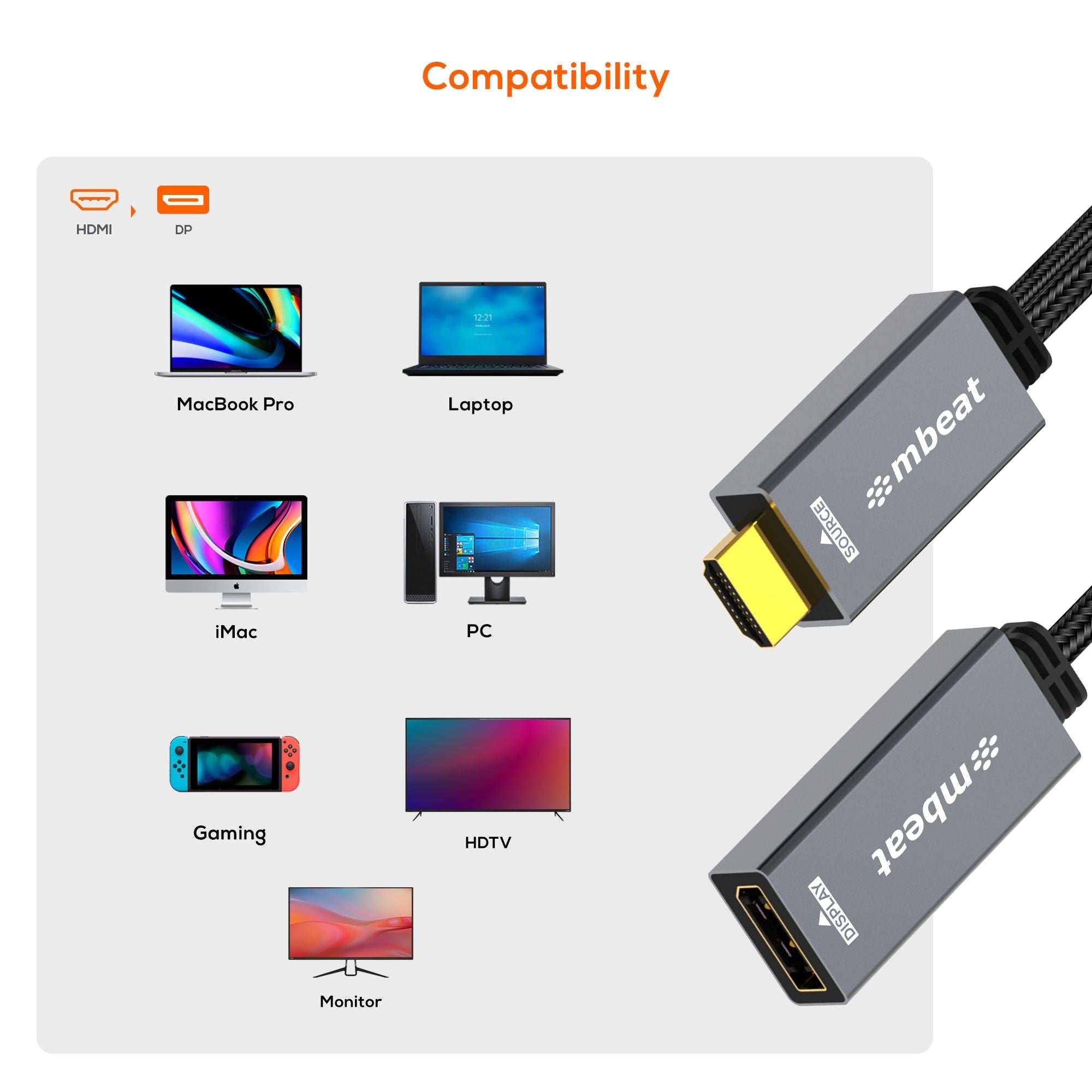 mbeat 4K HDMI to DisplayPort Adapter with USB Power