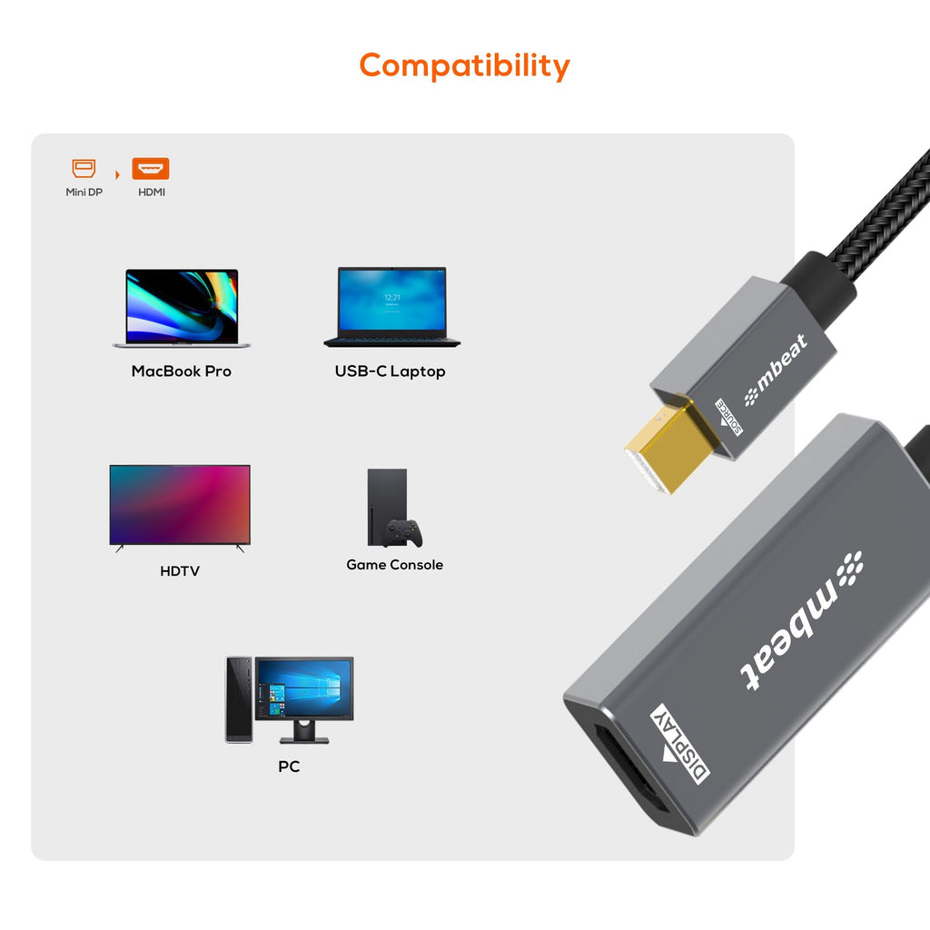 mbeat Tough Link Mini DisplayPort to HDMI Adapter for MacBook, Surface Pro