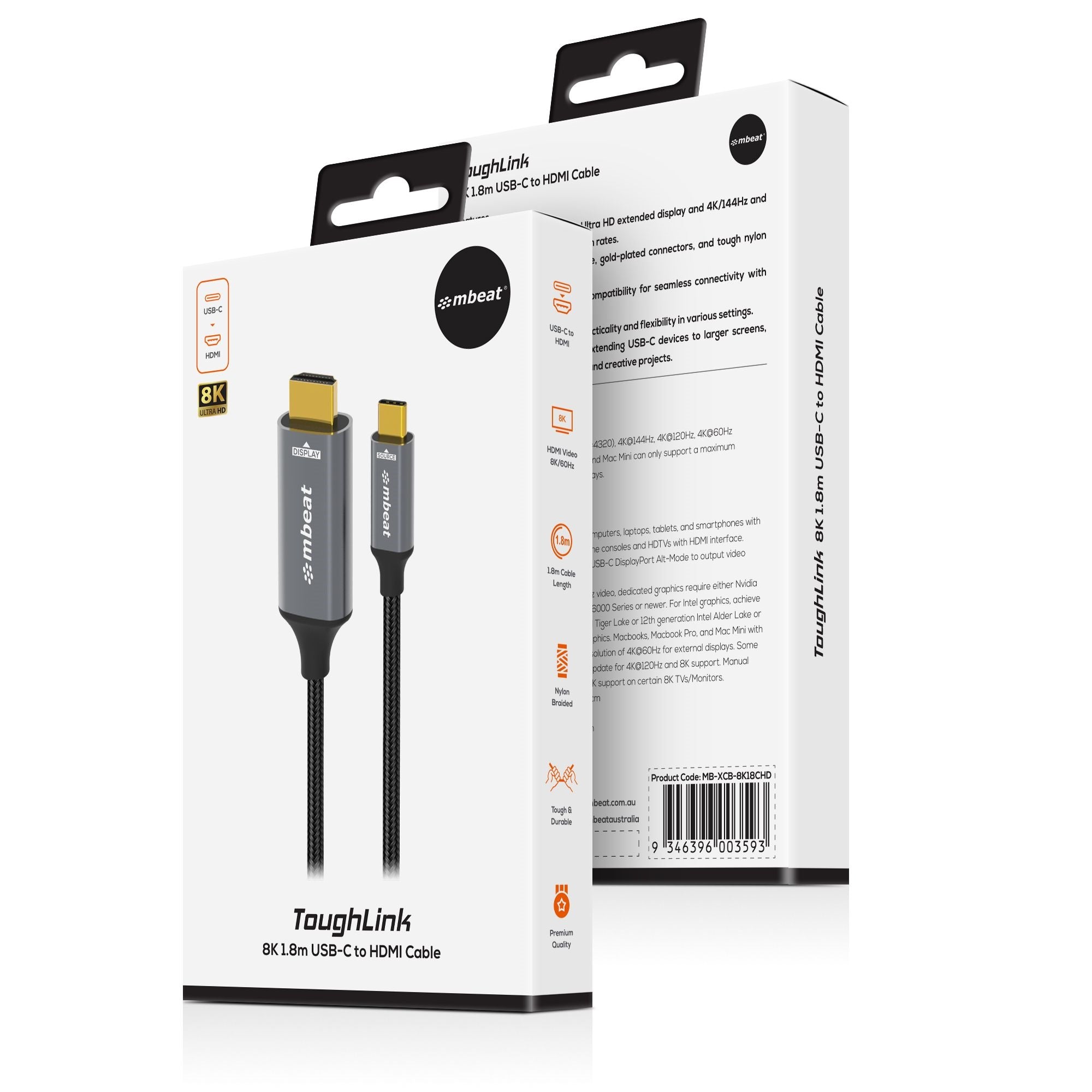 mbeat Tough Link 8K USB-C to HDMI Cable - 1.8m, 4K 144Hz, Durable