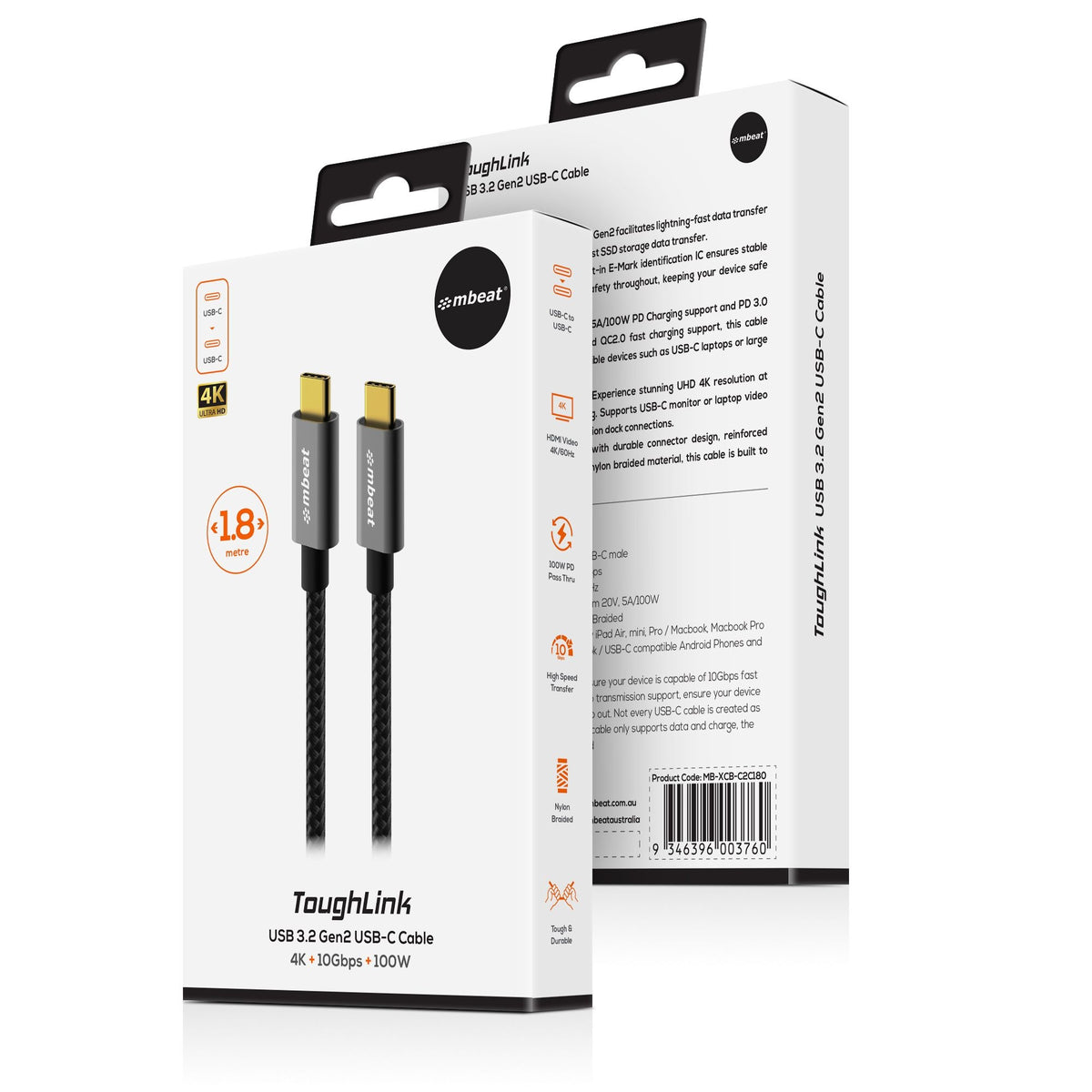 mbeat® Tough Link 1.8m USB 3.2 Gen2 USB-C Cable - Space Grey transfer at speeds up to 10Gbps Video - image 4