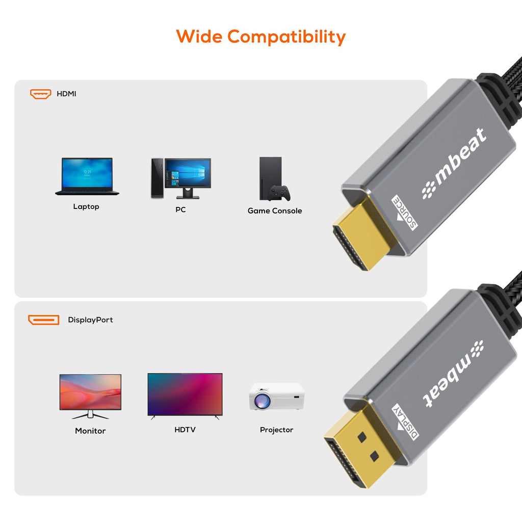 mbeat Tough Link 1.8m HDMI to DisplayPort Cable - 4K 60Hz, USB Power