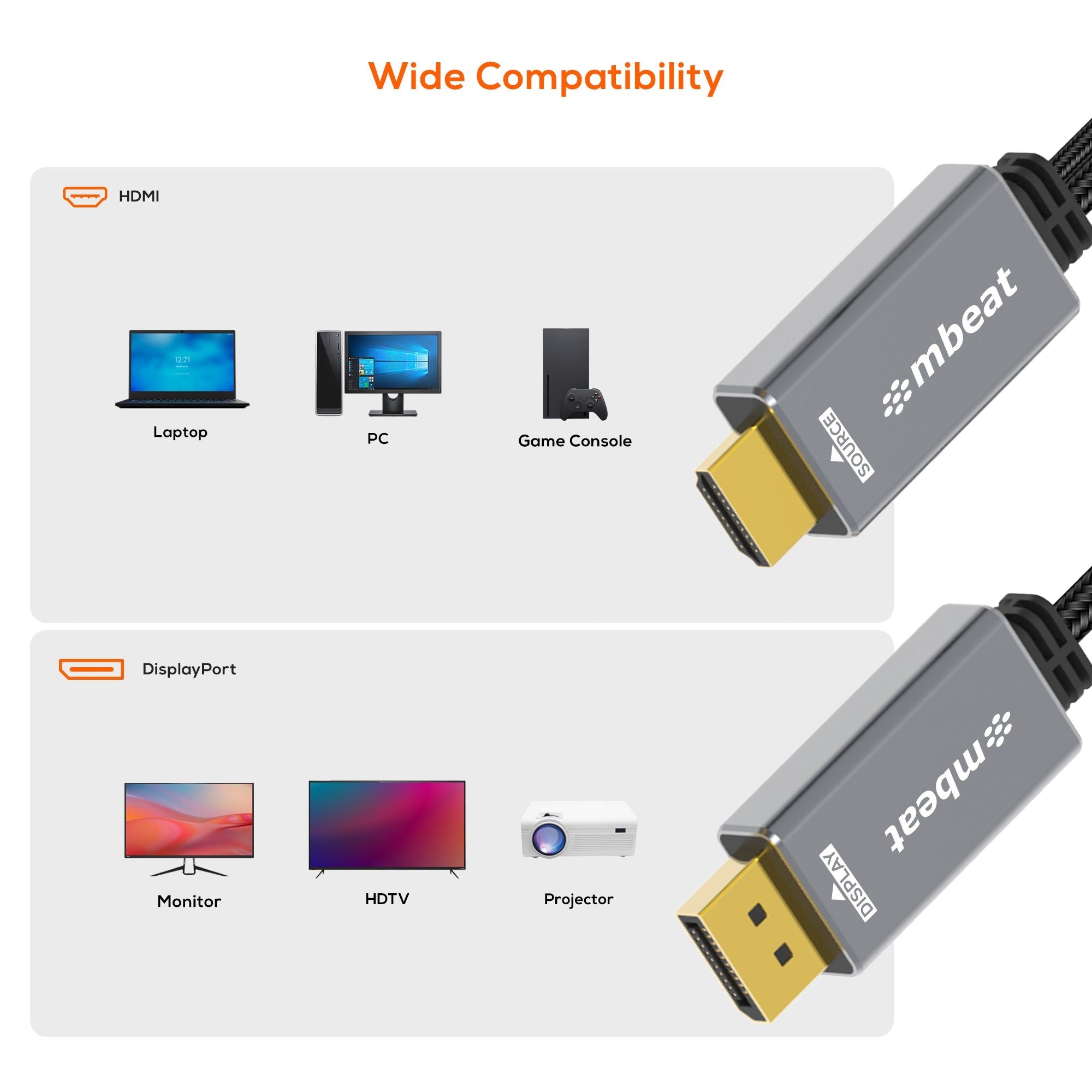 mbeat Tough Link 1.8m HDMI to DisplayPort Cable - 4K 60Hz, USB Power