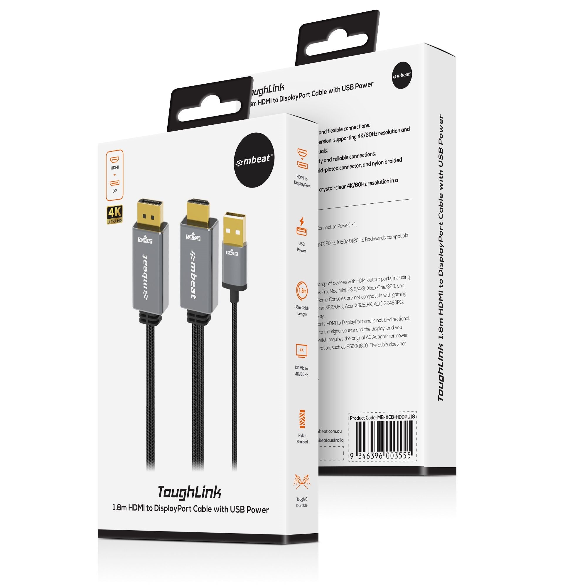 mbeat Tough Link 1.8m HDMI to DisplayPort Cable - 4K 60Hz, USB Power