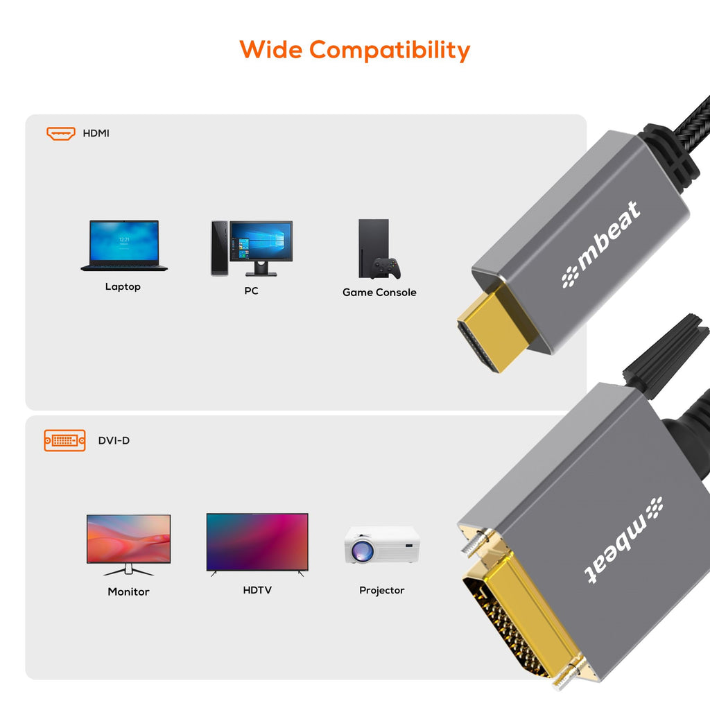 mbeat Tough Link 1.8m HDMI to DVI Cable | Full HD 1080p Support