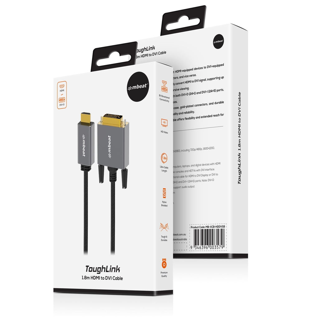 mbeat Tough Link 1.8m HDMI to DVI Cable | Full HD 1080p Support