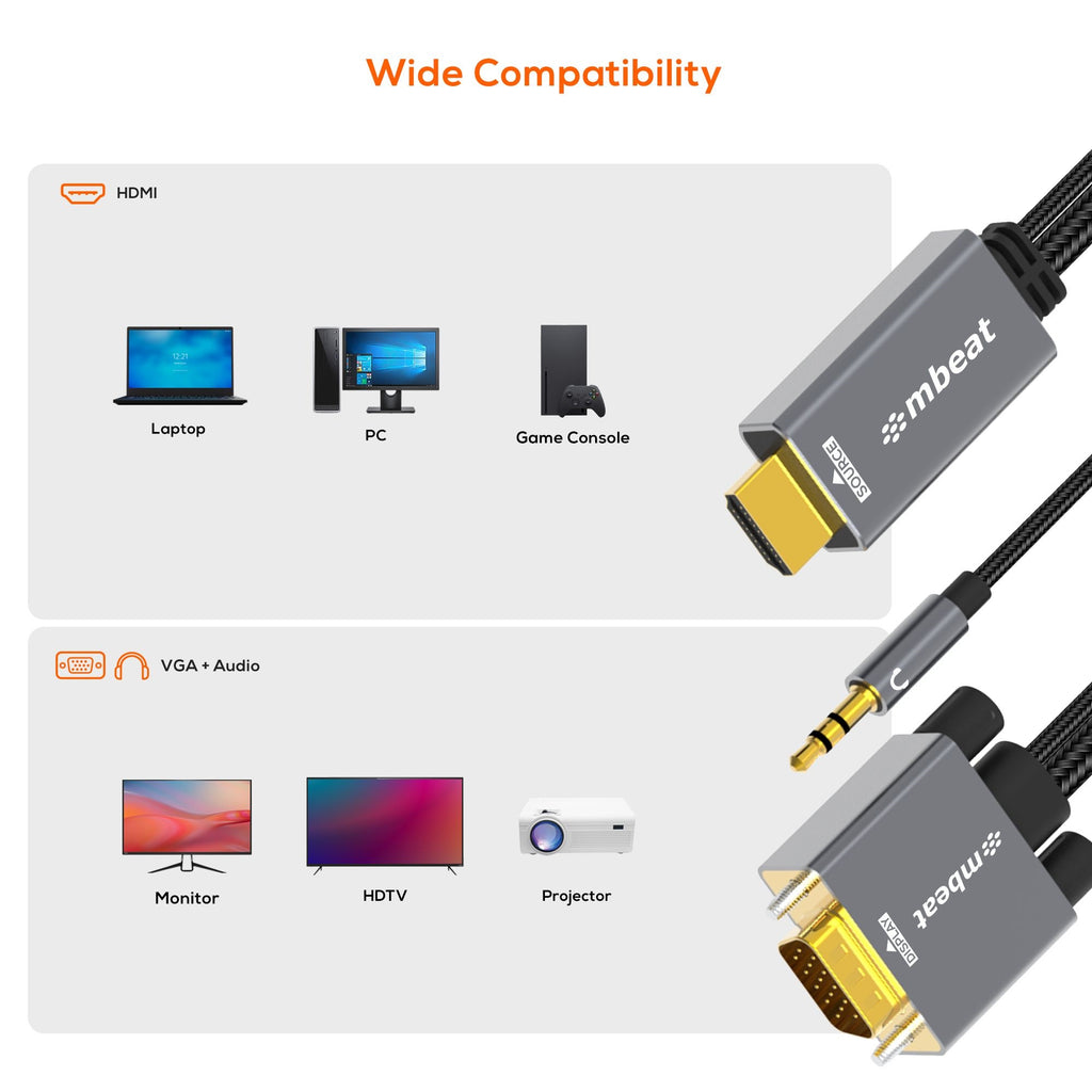 mbeat Tough Link 1.8m HDMI to VGA Cable with Audio & USB Power