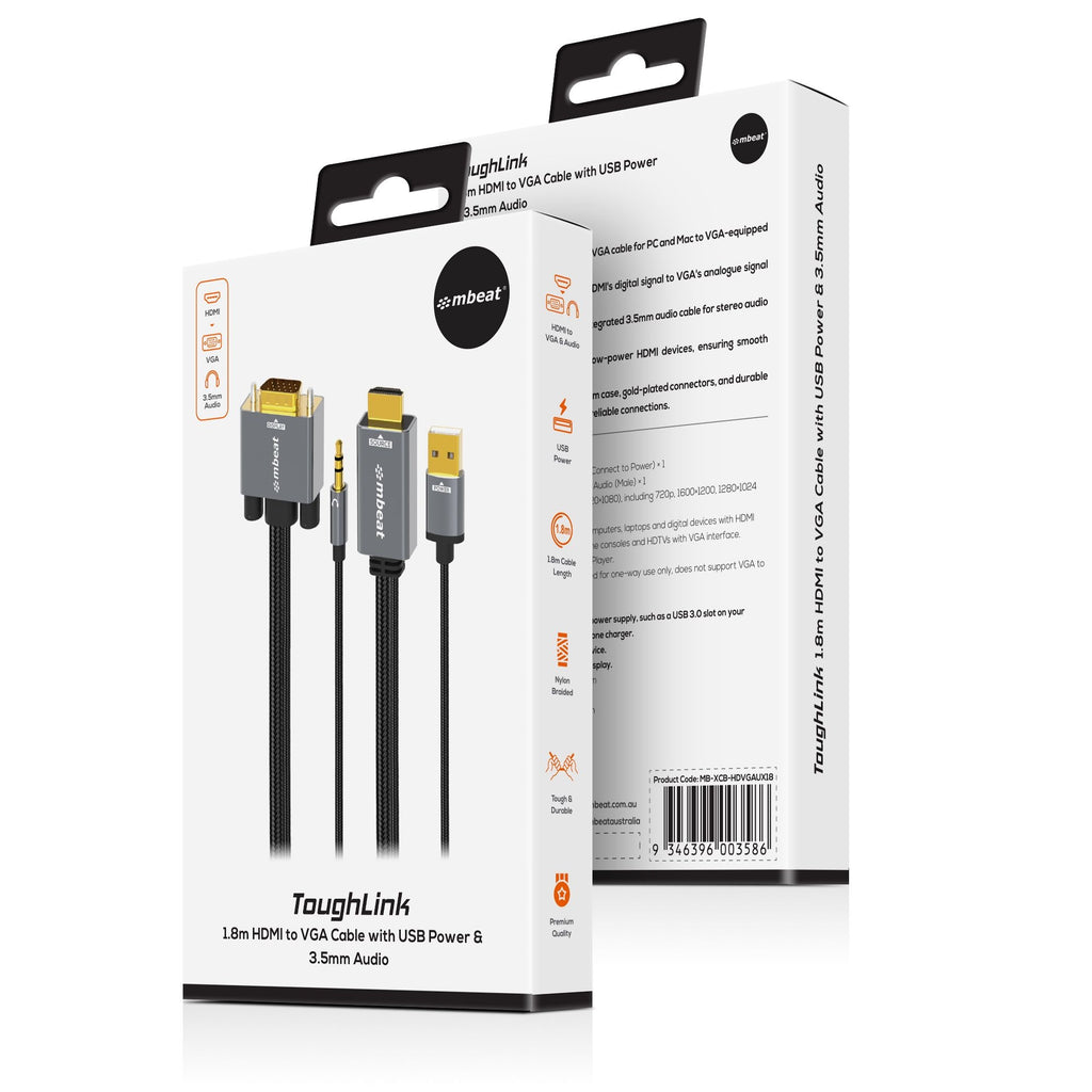 mbeat Tough Link 1.8m HDMI to VGA Cable with Audio & USB Power