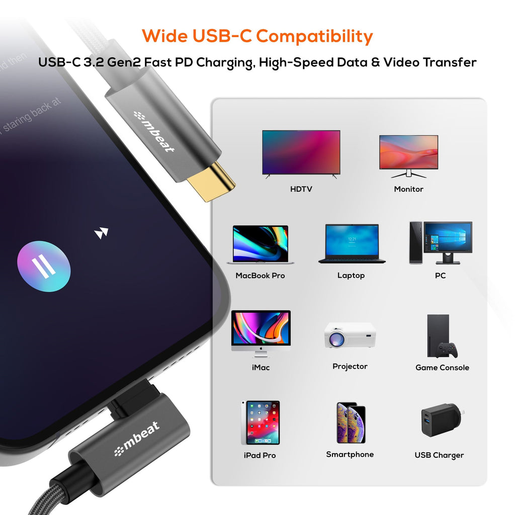mbeat Tough L-Shape USB-C Cable 1.8m - 10Gbps 4K Video - Space Grey 