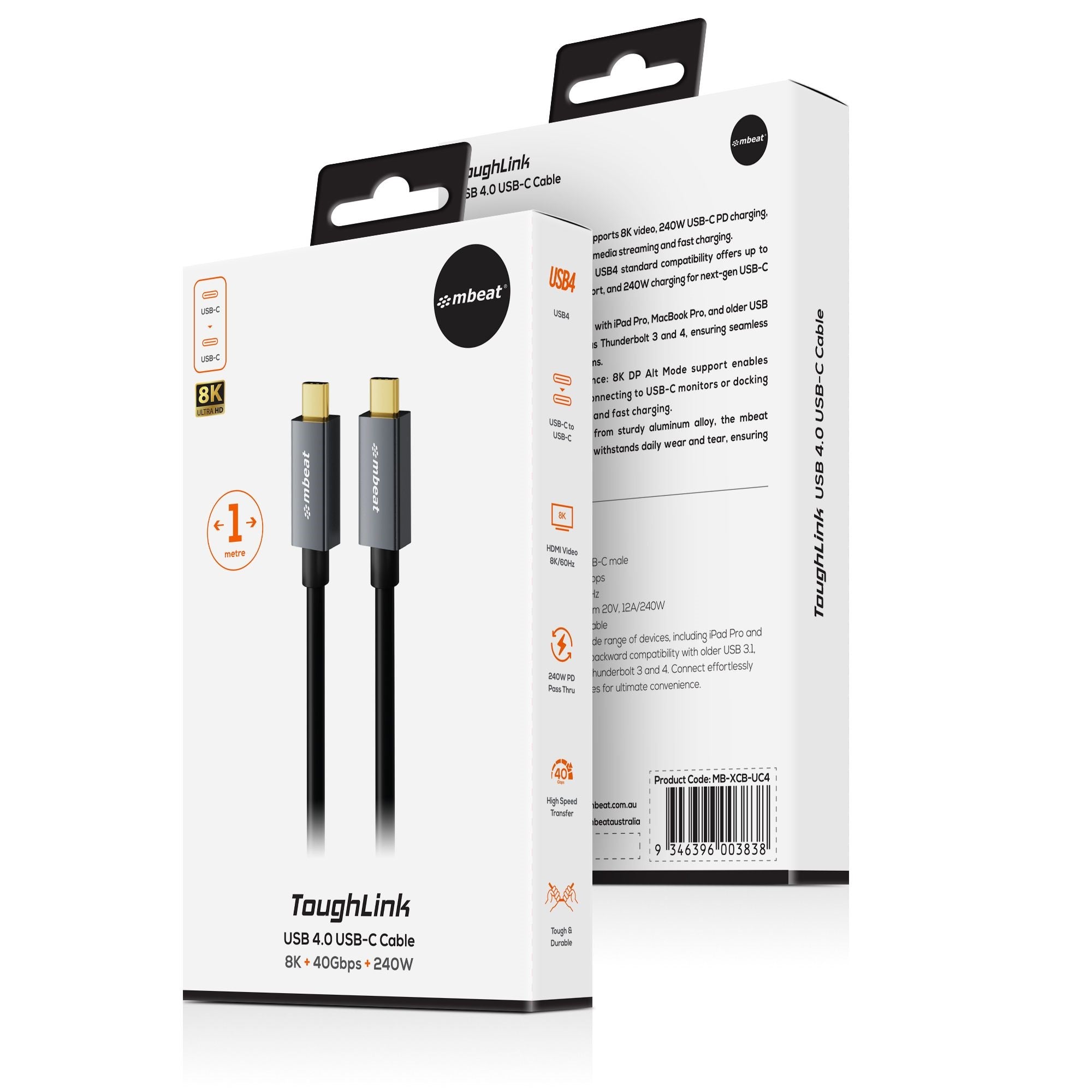 mbeat Tough Link USB 4.0 USB-C Cable: Durable, 40Gbps, 8K Video & 240W Power