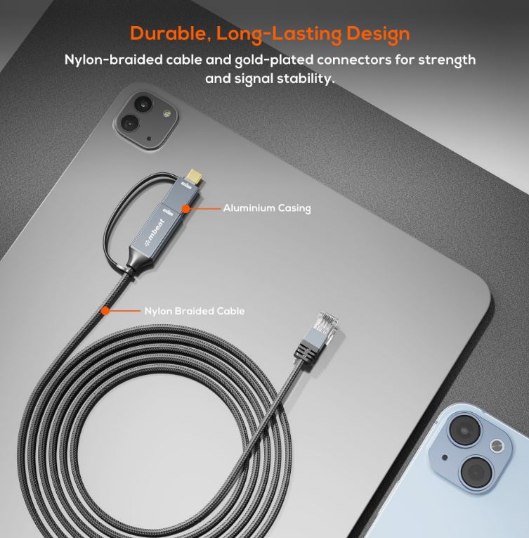 mbeat Tough Link 3m USB/USB-C to RJ45 Gigabit Ethernet Cable