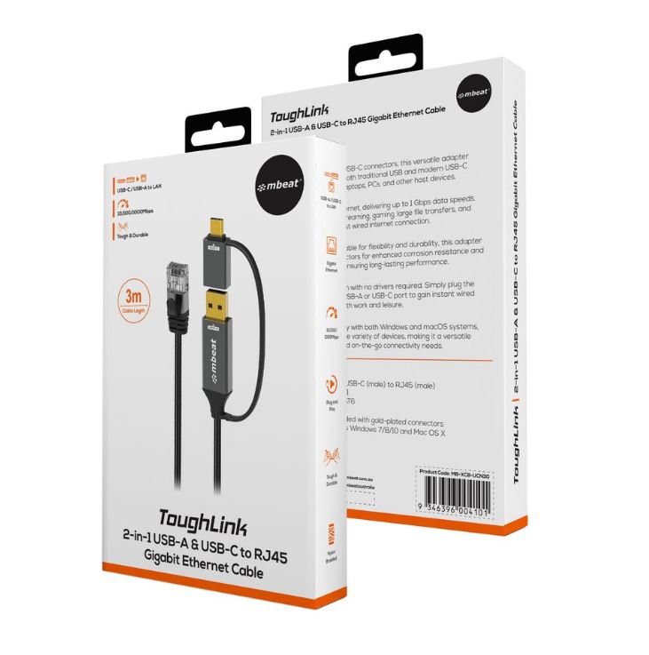 mbeat Tough Link 3m USB/USB-C to RJ45 Gigabit Ethernet Cable