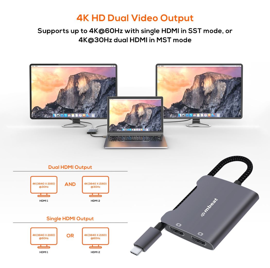 mbeat Tough Link USB-C to Dual 4K HDMI Adapter for Dual Monitors MBEAT