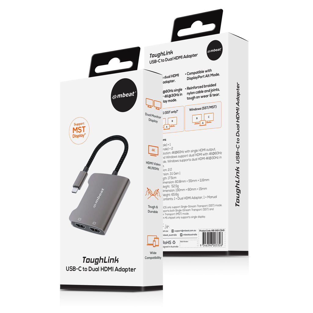 mbeat Tough Link USB-C to Dual 4K HDMI Adapter for Dual Monitors MBEAT