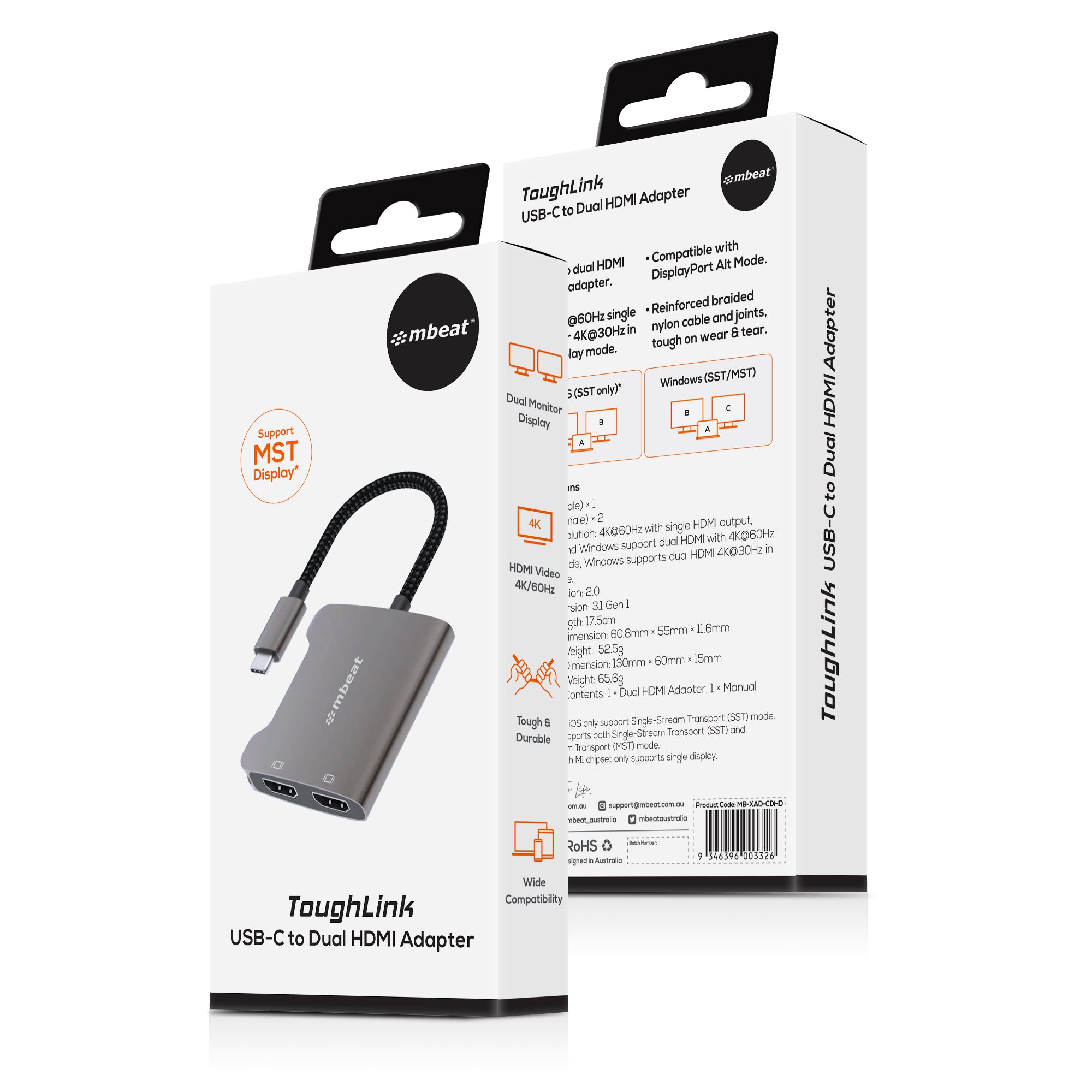 mbeat Tough Link USB-C to Dual 4K HDMI Adapter for Dual Monitors MBEAT