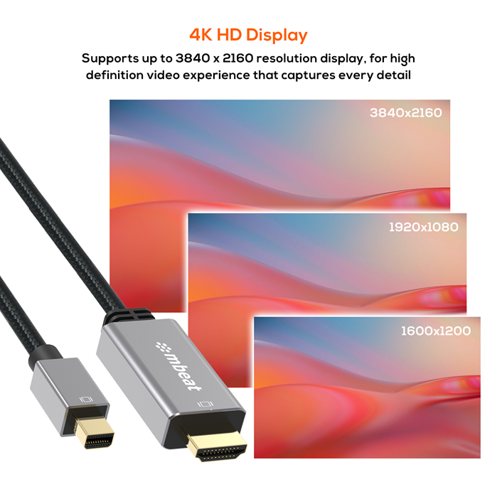 mbeat Tough Link 1.8m Mini DisplayPort to HDMI 4K Cable - Space Grey