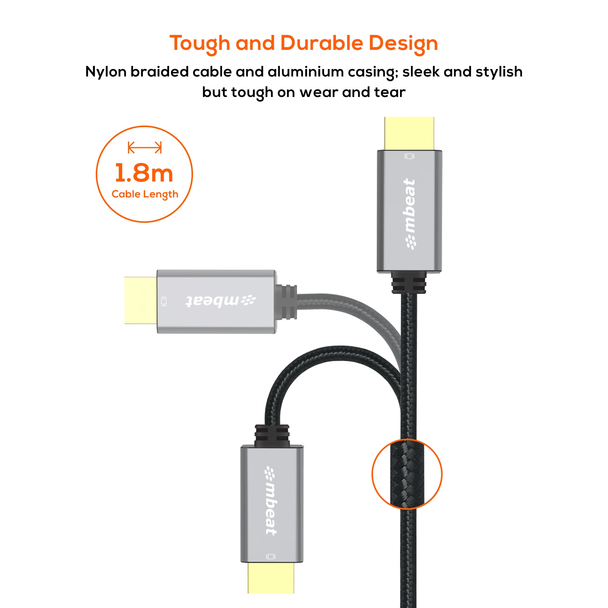 mbeat Tough Link 1.8m Mini DisplayPort to HDMI 4K Cable - Space Grey