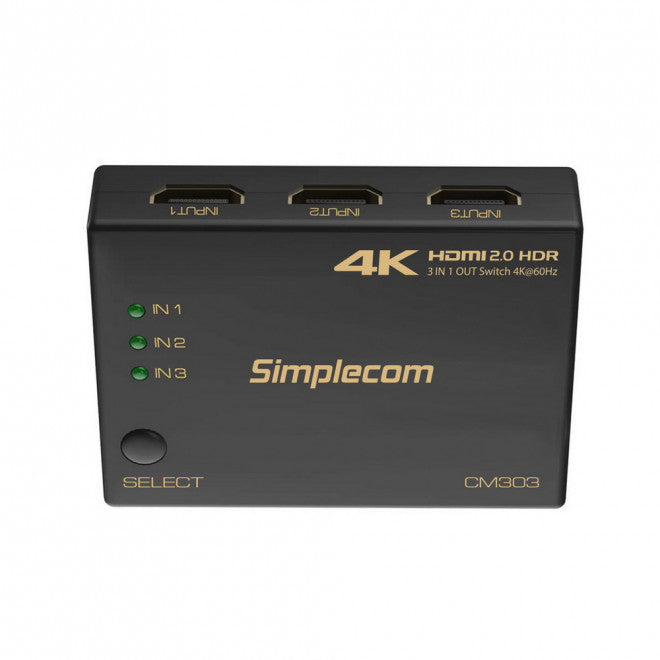 Simplecom CM303 3-Way 4K HDMI Switch | Ultra HD 3 In 1 Out Splitter