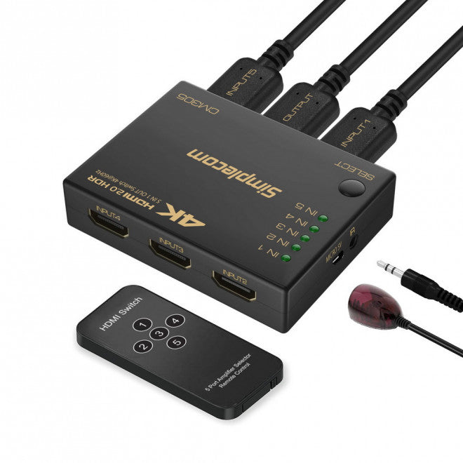 Simplecom CM305 Ultra HD 5 Way HDMI Switch 5 IN 1 OUT Splitter 4K@60Hz - CM305