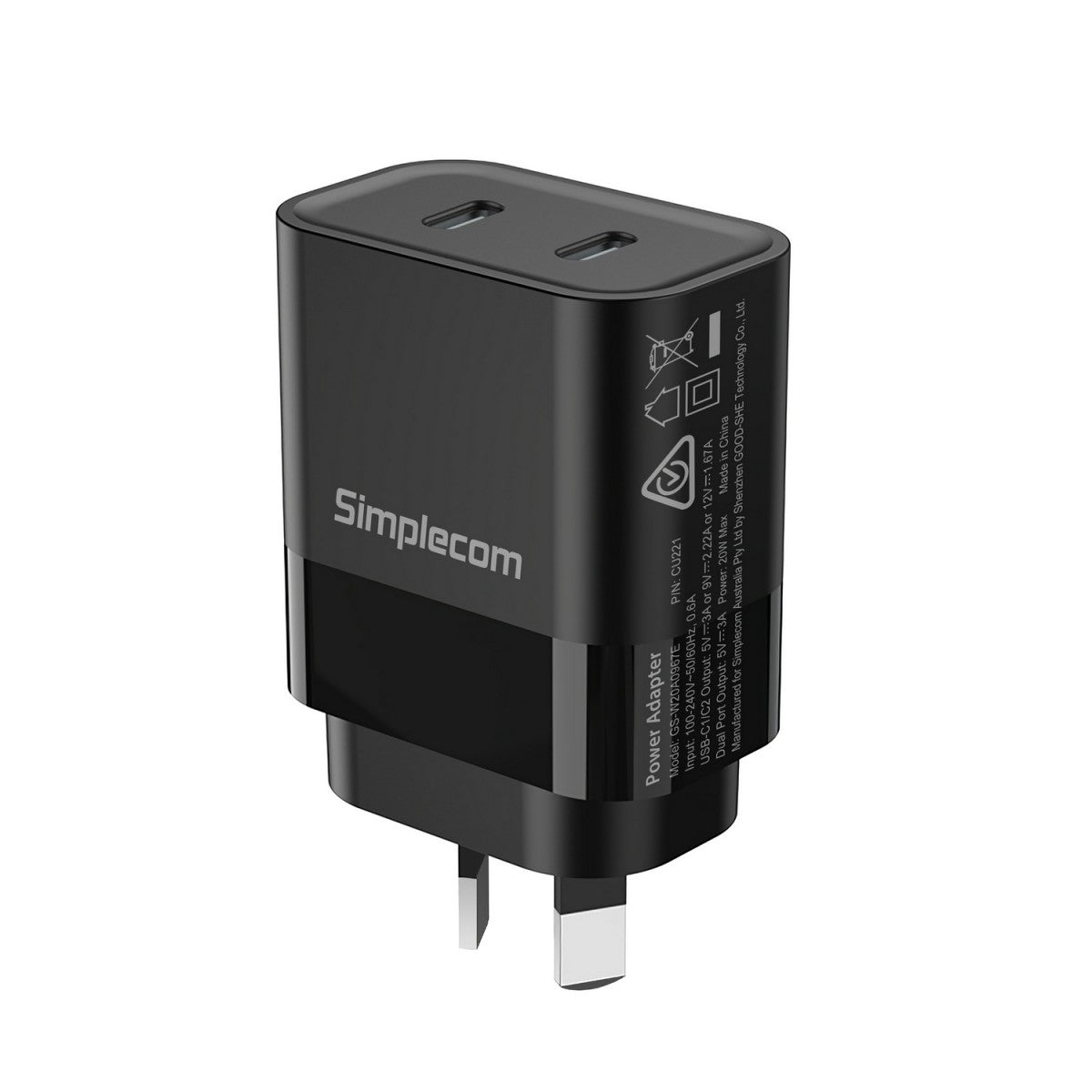 Simplecom Dual USB-C Fast Wall Charger PD 20W for Phone Tablet(LS) - Simplecom CU221
