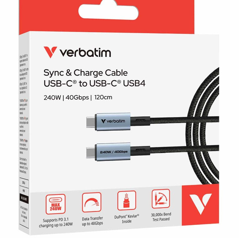 Verbatim 240W USB-C to USB-C Cable | Fast Charge & USB4 Data