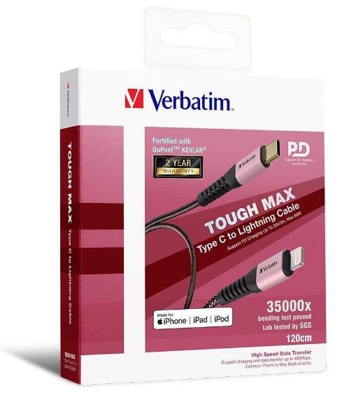 Verbatim Tough Max Kevlar USB-C to Lightning Fast Charging Cable - Rose
