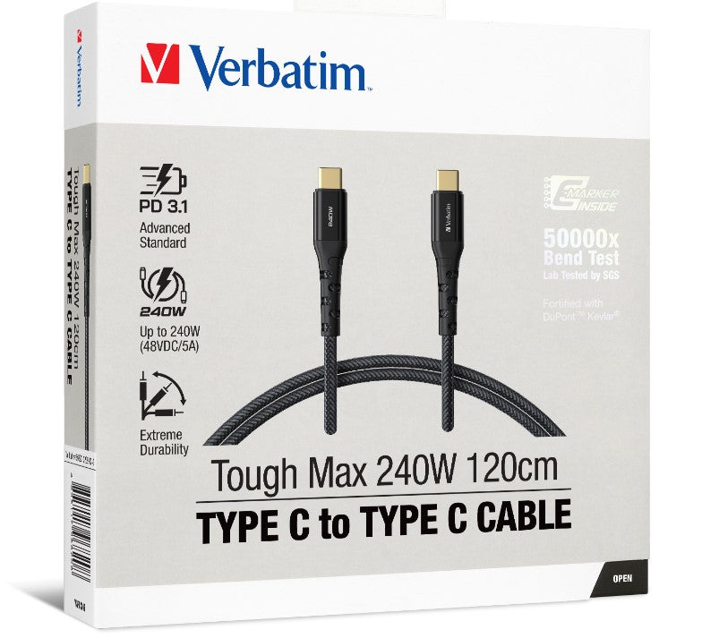 Verbatim 240W USB-C to USB-C fast charging cable, Kevlar reinforced