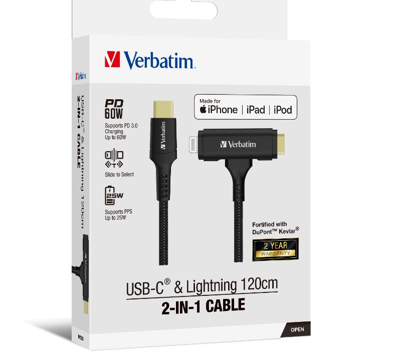 Verbatim 2-in-1 USB-C & Lightning Fast Charging Kevlar Cable 120cm Black