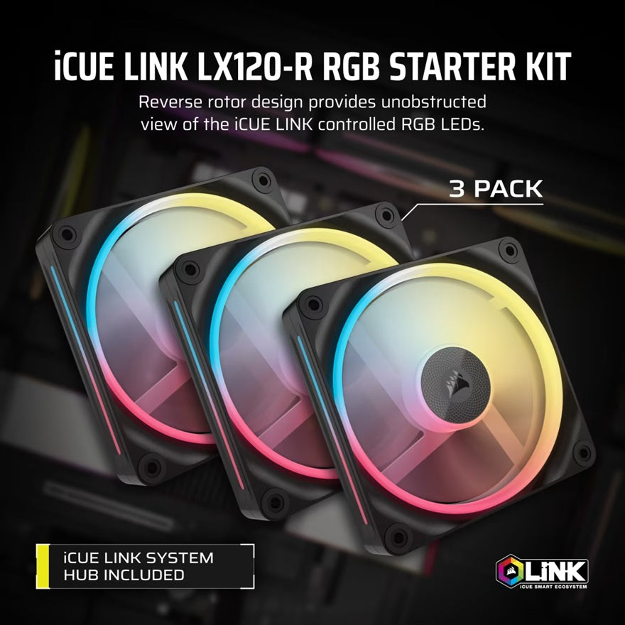 Corsair LX120-R RGB 120mm PWM Reverse PC Fans - Triple Pack Black